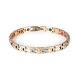 Crossroads copper negative ion bracelet clasped front view, slim unisex design with cross pattern