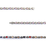 Close-up of Devotion bracelet showing pink Swarovski crystal heart links and polished steel hearts.