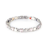 Devotion stainless steel bracelet with pink Swarovski crystals clasped front view, heart-link design.