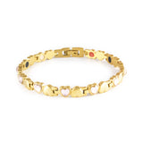Dream gold-plated stainless steel bracelet with pink crystals clasped front view, heart-link design.