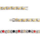 Close-up of Duet bracelet showing polished gold and steel intertwined links with elegant curved pattern and embedded negative ion elements.