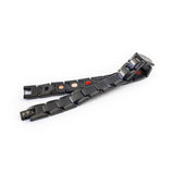 Ebony stainless steel bracelet unclasped and folded to display link design and single row of embedded negative ion elements.
