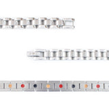 Close-up of Elegant Flower bracelet highlighting smooth stainless steel links and single row of embedded elements.