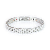 Elegant Flower stainless steel bracelet front view showing reflective borders and silver-toned links.