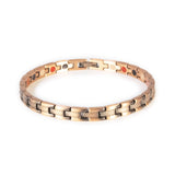 Ember copper negative ion bracelet with cross-hatched etched design, front clasped view.