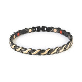 Ethereal black steel with rose gold waves negative ion bracelet clasped front view.