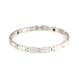 Flight negative ion bracelet with matte stainless steel links, front clasped view. 