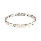 Flutter negative ion bracelet with stainless steel and rose gold, front clasped view. 