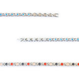 Close-up of Glide bracelet showing blue crystals and polished stainless steel links.