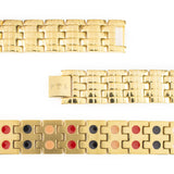 Close-up of Golden Bliss bracelet highlighting polished gold links, engraved checkered design, and double embedded negative ion elements.
