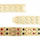 Close-up of Golden Light bracelet highlighting matte gold engraved links and double embedded negative ion elements.