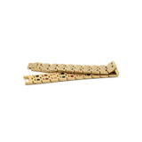 Golden Light matte gold stainless steel bracelet unclasped and folded to display engraved design and precision link structure.
