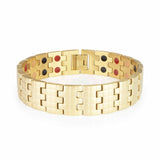 Golden Light matte gold stainless steel bracelet front view showing engraved checkered pattern and sleek brushed finish.