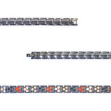Close-up of Horizon bracelet showing beveled link design and embedded elements.
