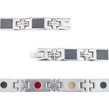 Close-up of Impact bracelet highlighting carbon fiber inlay, cross-shaped links, and single row of embedded negative ion elements.
