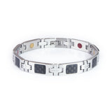Impact stainless steel bracelet front view showing carbon fiber inlay links and cross-shaped spacer links with engraved lines.