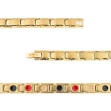 Close-up of Luminosity bracelet showing radiant gold finish with matte center detail and embedded negative ion elements.