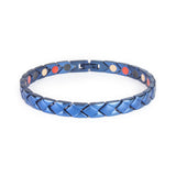 Majestic Blue stainless steel bracelet front view showing alternating matte rhombus and polished blue hourglass-shaped links.