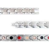 Close-up of Maverick bracelet highlighting curved puzzle links, matte center segments, polished edges, and single row of embedded negative ion elements.