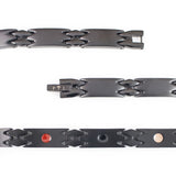 Close-up of Millennial bracelet highlighting matte and polished black stainless steel links and negative ion elements.