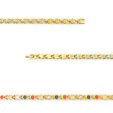 Close-up of Mirage bracelet showing light blue crystals and polished gold-plated links.