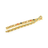 Close-up of Mirage bracelet showing light blue crystals and polished gold-plated links.