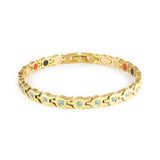 Mirage gold-plated stainless steel bracelet with light blue crystals clasped front view.
