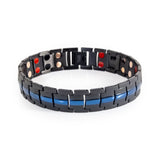 Ocean Night titanium bracelet front view showing matte black links with polished blue beveled accents.