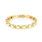 Opulent gold-plated stainless steel bracelet with white crystals clasped front view.