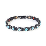Polaris black stainless steel bracelet with aqua crystals clasped front view.