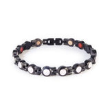 Black stainless steel bracelet with pink crystal details, clasped front view.
