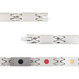 Close-up of Reflection bracelet highlighting matte stainless steel links, polished rhombus spacers, and negative ion elements.