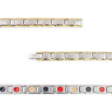 Close-up of SandStorm bracelet showing polished gold borders and matte stainless steel center links.