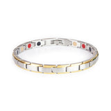 SandStorm stainless steel bracelet with matte links and thin gold-plated borders featuring single row of embedded negative ion elements.