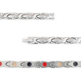 Close-up of Serenity bracelet highlighting polished X links, matte almond-shaped spacers, and single row of embedded negative ion elements.