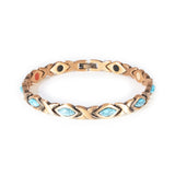 Sierra negative ion copper bracelet with turquoise, front clasped view.