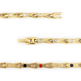 Close-up of Sparkle bracelet highlighting gold titanium links, embedded round crystals, and polished finish.