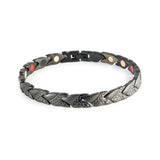Strider negative ion bracelet with matte black stainless steel, front clasped view. 