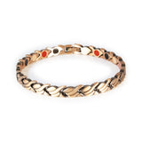 Sundance copper negative ion bracelet with wave-shaped links, front clasped view.