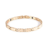 Swift negative ion bracelet with matte rose gold links, front clasped view. 