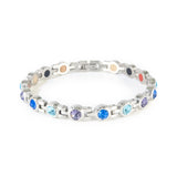 Symphony stainless steel bracelet with blue, aqua, and purple crystals clasped front view.