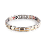 Twin Flame stainless steel bracelet with rose gold-plated stripes clasped front view.