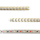 Close-up of Vanguard negative ion bracelet links with stainless steel and gold to show detail.