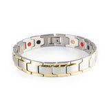 Vanguard negative ion bracelet with stainless steel and gold, front clasped view.