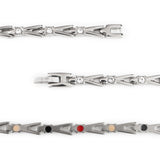 Close-up of Vibrant Spark bracelet highlighting titanium links, round crystals, and smooth polished finish.