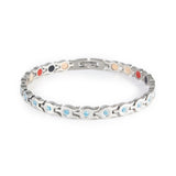 Whisper stainless steel bracelet with light blue crystals clasped front view.