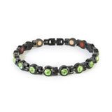 Black stainless steel bracelet with green crystal accents clasped in display position.