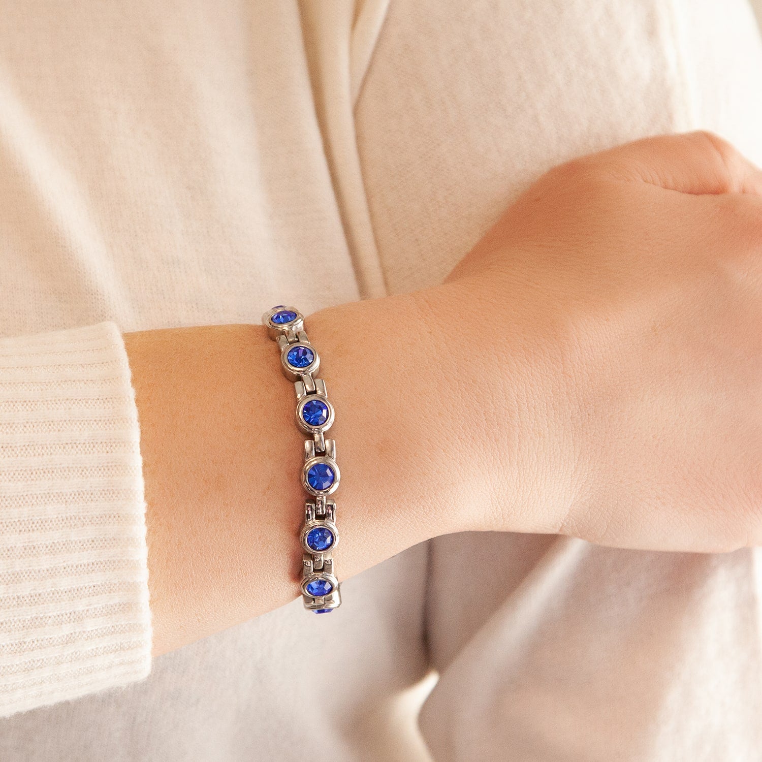 Capri - Negative Ion Bracelet, Polished Stainless Steel with Blue Crystals